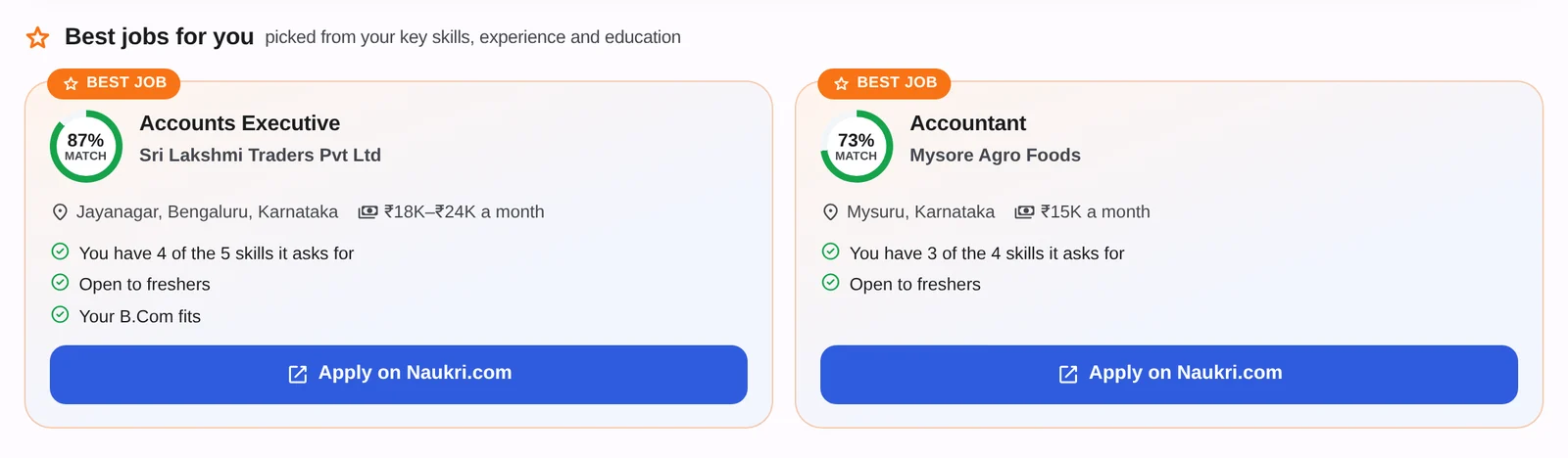 Best jobs for a student, with 87% and 73% match