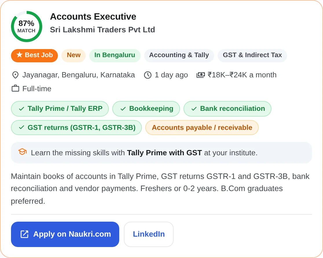 A job in the student app with an 87% match, the skills the student has and the skills to learn